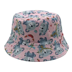 Detail of pink cotton bucket hat with cartoon koala prints and reinforced stitching