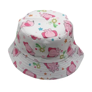 Detail of pink cartoon elephant print and stitched brim on white cotton kids bucket hat