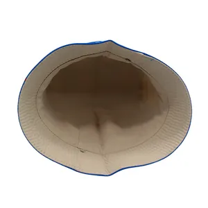 Detail view showing durable double-sided stitching and blue woven fabric of kids sun hat