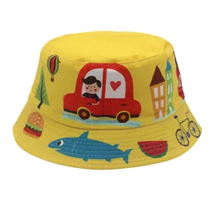 Chapeau de soleil jaune pour enfants avec motifs de dessins animés colorés en toile de coton