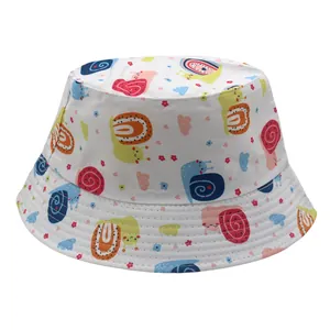 Detail of white cotton bucket hat with colorful snail and floral print for children