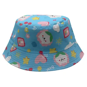 Detail of light blue cotton bucket hat with bear prints and clean brim stitching