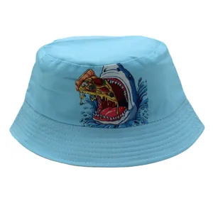 Blue reversible kids sun hat with cartoon shark eating pizza print for boys and girls