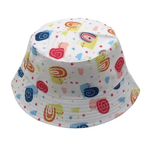 Detail of white cotton bucket hat with colorful snail and cloud print and quilted brim