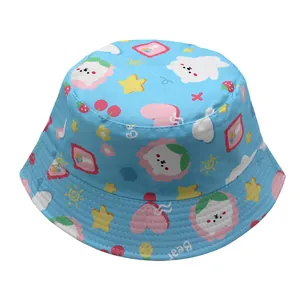 Kids light blue bucket hat with cute cartoon bear prints and sun protection brim