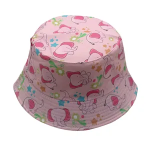 Detail of pink cotton sun hat with cute elephant print and neat brim stitching for kids