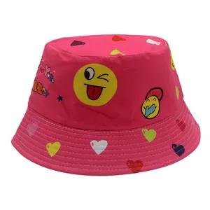 Hot pink double-sided kids bucket hat with smile emoji prints and heart patterns