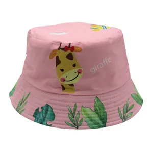 Chapeau soleil rose pour enfants avec girafe et motif de feuilles tropicales