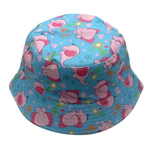 Detail of double-sided kids bucket hat with cute cartoon elephant and star prints