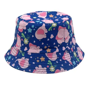 Kids reversible bucket hat with cute pink cartoon elephant prints on dark blue fabric