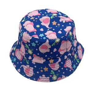 Detail of baby sun hat featuring pink cartoon elephants and stars on navy fabric
