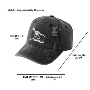Detailed size chart for kids washed black baseball cap with dinosaur embroidery