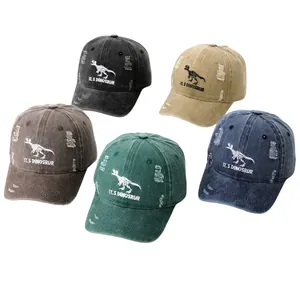 Detailed flat lay of distressed kids baseball caps with dinosaur embroidery in five colors