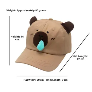 Vue détaillée de la casquette capybara kaki avec dimensions et poids indiqués