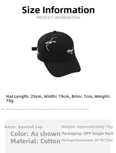 Detailed size and material specs for black kids baseball cap with dinosaur bone embroidery