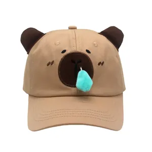 Casquette de Baseball Broderie Capybara Mignonne Design Drôle avec Gouttelette Oreilles 3D Chapeau de Soleil Kaki Réglable Thème Animal