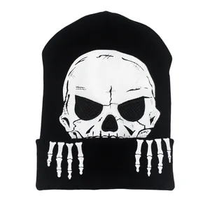 Bonnet Tricoté à Imprimé Crâne Lumineux Halloween Balaclava Punk Streetwear Bonnet d'Hiver Chaud Coupe-Vent pour Hommes Femmes