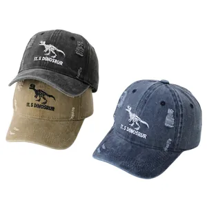 Kids Washed Cotton Baseball Cap Dinosaur Skeleton Embroidery Distressed Vintage Peak Hat For Boys Girls Outdoor Sun Protection