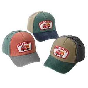 Casquette de Baseball pour Enfants avec Écusson Brodé Camion de Pompiers en Coton Bicolore Réglable Chapeau de Soleil