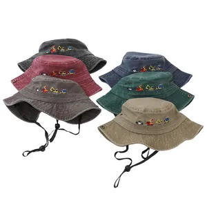 Cappelli alla pescatora vintage in cotone lavato per bambini con ricami di scavatrice