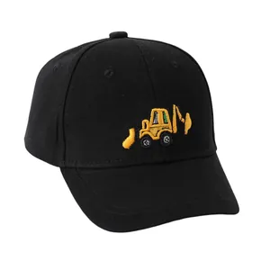 Cappellino da baseball nero per bambini con escavatore ricamato, berretto parasole in cotone