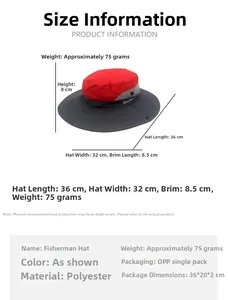 Outdoor sun hat dimensions with 8.5cm brim and polyester material details displayed