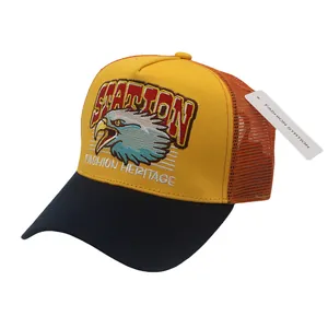Casquette trucker rétro avec panneau jaune, filet orange et broderie d'aigle