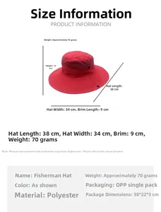 Tabella delle taglie per cappello da pesca con tesa da 9cm e dimensioni in centimetri