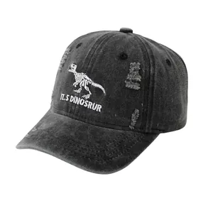 Kids vintage washed black baseball cap with white dinosaur embroidery and distressed details