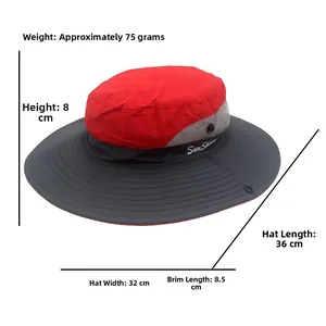 Detail view of red and grey ponytail sun hat with weight 75g and size specifications