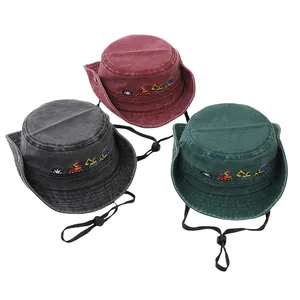 Cappello da pescatore per bambini in cotone con ricamo di mezzi e cordino regolabile