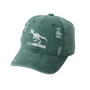 Kids vintage washed dark green baseball cap with dinosaur embroidery and distressed details