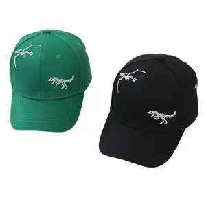 Kids cotton baseball cap with dinosaur skeleton embroidery in green and black colors
