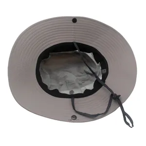 Detail of grey sun hat with breathable mesh lining and adjustable chin strap