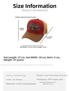 Detaillierte Größentabelle für Retro-Trucker-Cap mit Stickerei und genauen Abmessungen