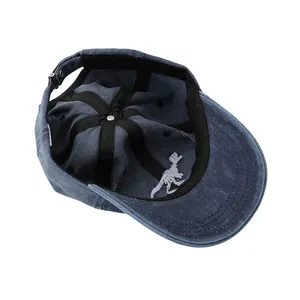 Detail of internal sweatband and dinosaur embroidery on washed cotton baseball cap