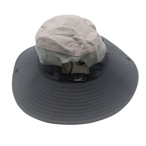 Detail view of quick-dry sun hat showing breathable mesh panel and adjustable back buckle