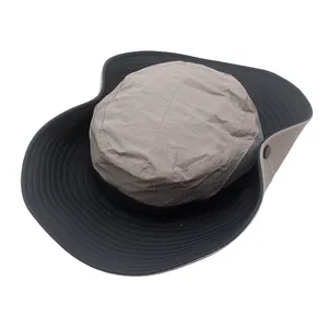 Macro detail of breathable mesh and foldable brim on gray outdoor sun protection hat