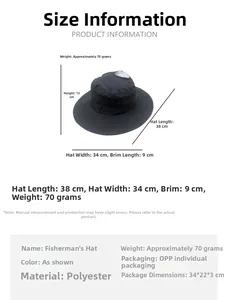 Tableau des tailles détaillé pour chapeau de soleil en polyester avec mesures et poids