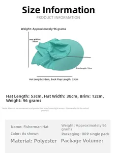 Guide des tailles pour chapeau de soleil avec protège-nuque montrant les dimensions