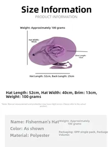 Detailed size chart for breathable polyester fishing hat with wide brim and neck flap