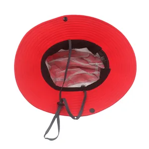Red outdoor sun hat with breathable mesh lining and adjustable windproof chin strap