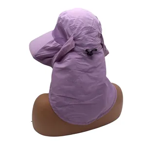 Detail of purple outdoor sun hat showing neck flap, mesh vent, and adjustable toggle cord