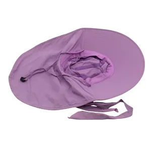 Detail view of purple outdoor sun hat featuring breathable mesh fabric and neck flap cover