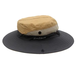 Detail of outdoor sun hat with wide brim, mesh ventilation, and Sun Shade embroidery