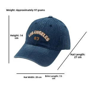 Detailed size specifications of the washed denim Los Angeles baseball cap in blue