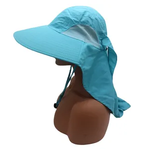 Detail of outdoor sun hat featuring breathable mesh vents and adjustable neck flap