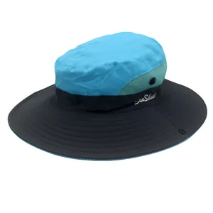 Detail of outdoor sun hat with breathable side mesh and Sun Shade embroidery