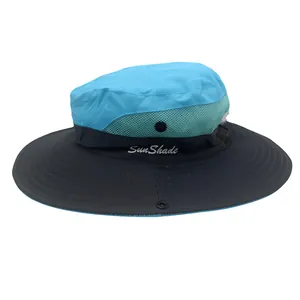 Detail showing the breathable mesh panels and SunShade embroidery on the blue outdoor sun hat