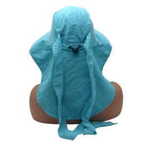 Detail of light blue sun hat featuring a neck flap, mesh vents, and adjustable drawstring